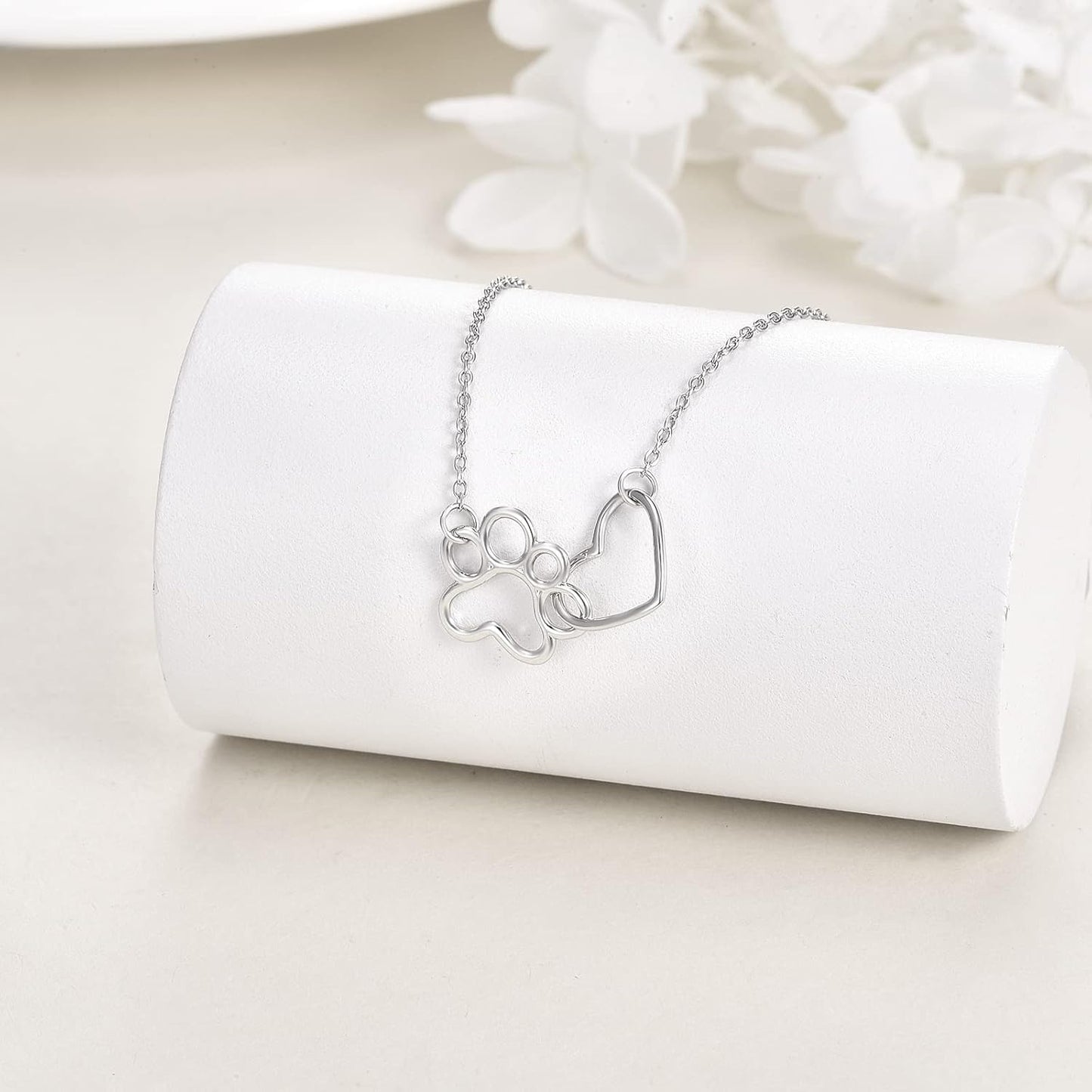 Sterling Silver Paw Print Necklace – Crystal Heart Pendant
