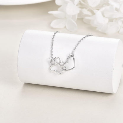 Sterling Silver Paw Print Necklace – Crystal Heart Pendant