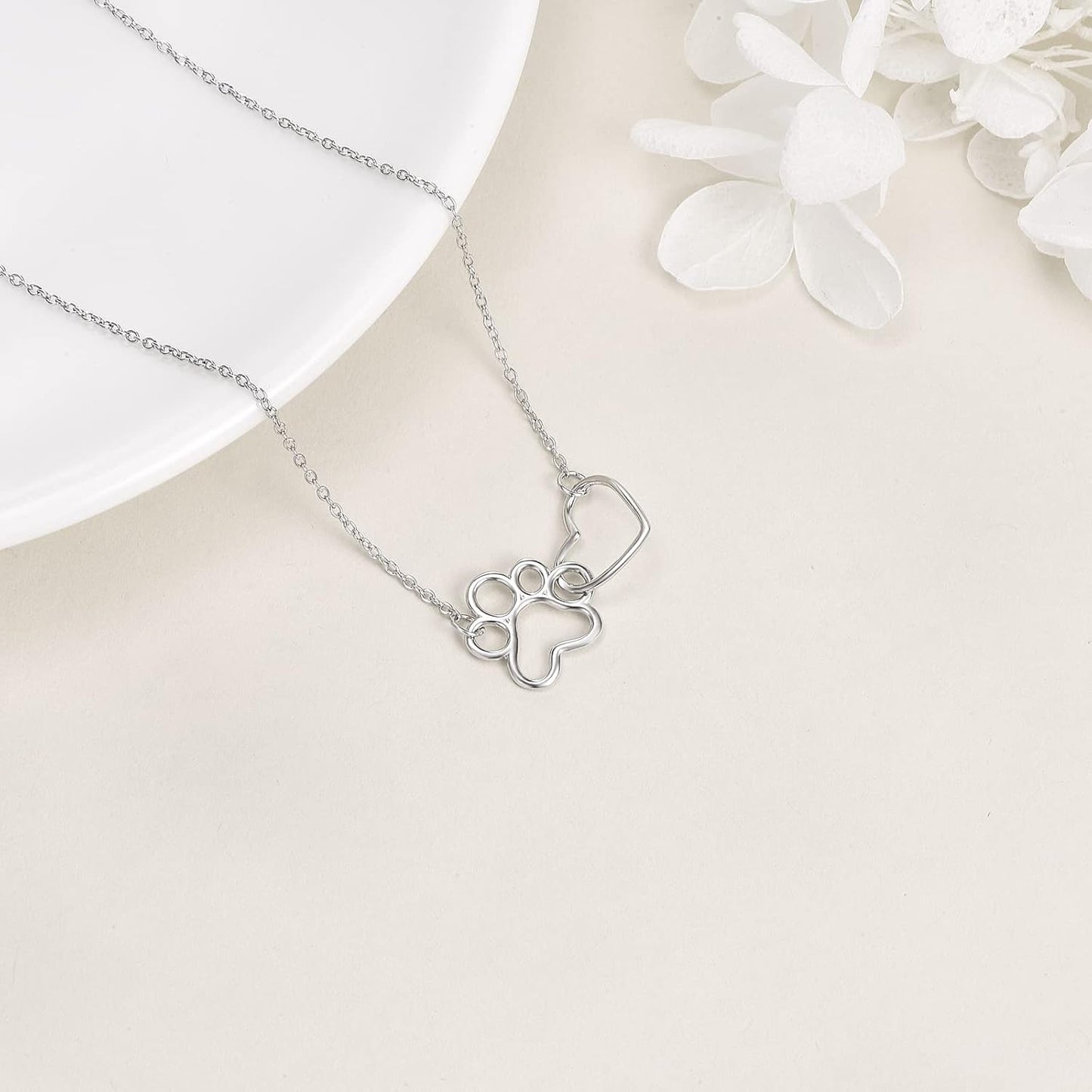 Sterling Silver Paw Print Necklace – Crystal Heart Pendant