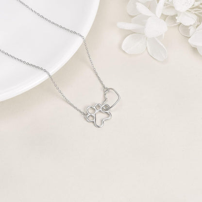 Sterling Silver Paw Print Necklace – Crystal Heart Pendant