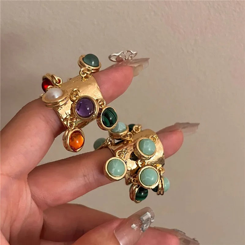 18K gold-plated vintage ring with natural stone pendants