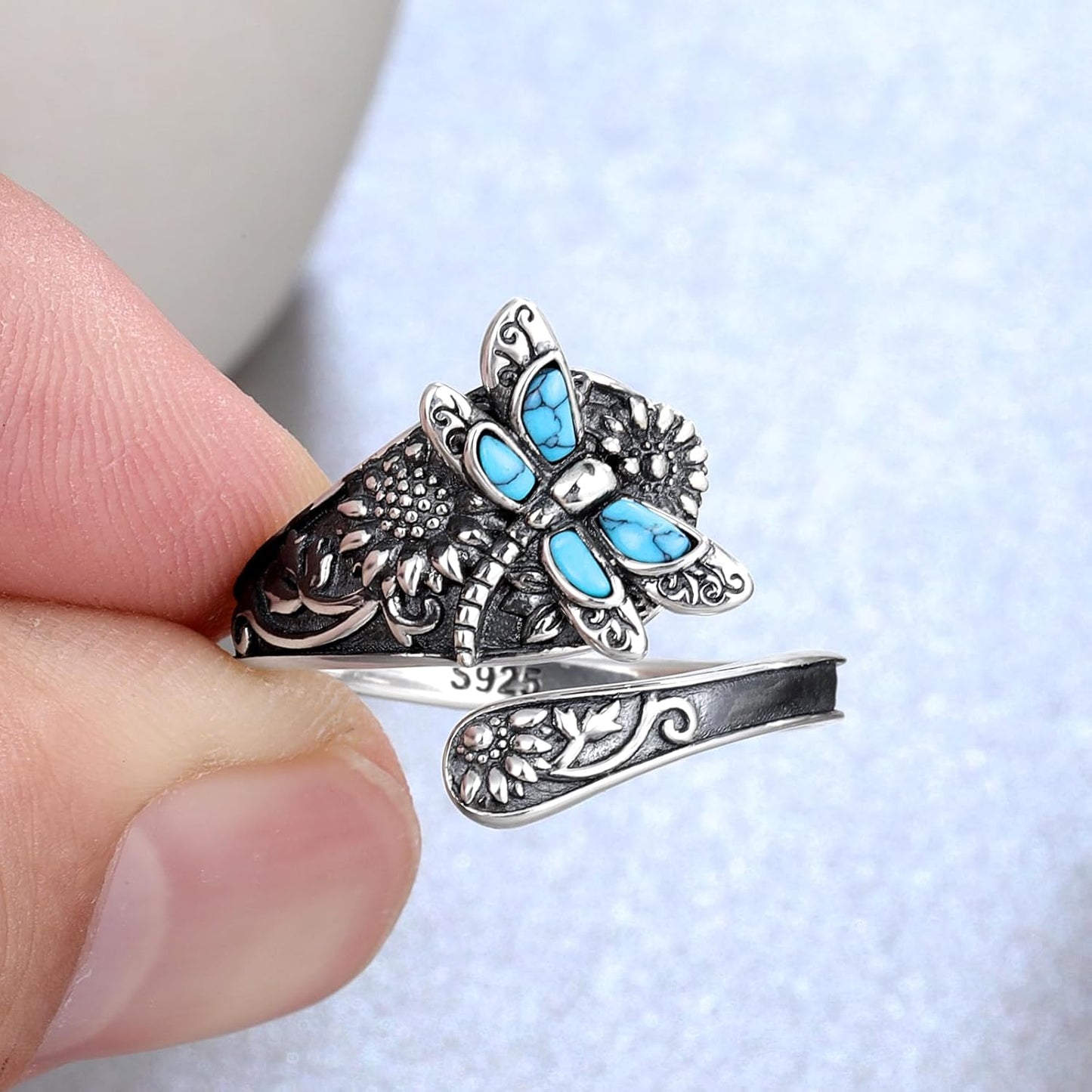 Vintage Turquoise Wrap Ring – Adjustable Sterling Silver Boho Jewelry with Dragonfly
