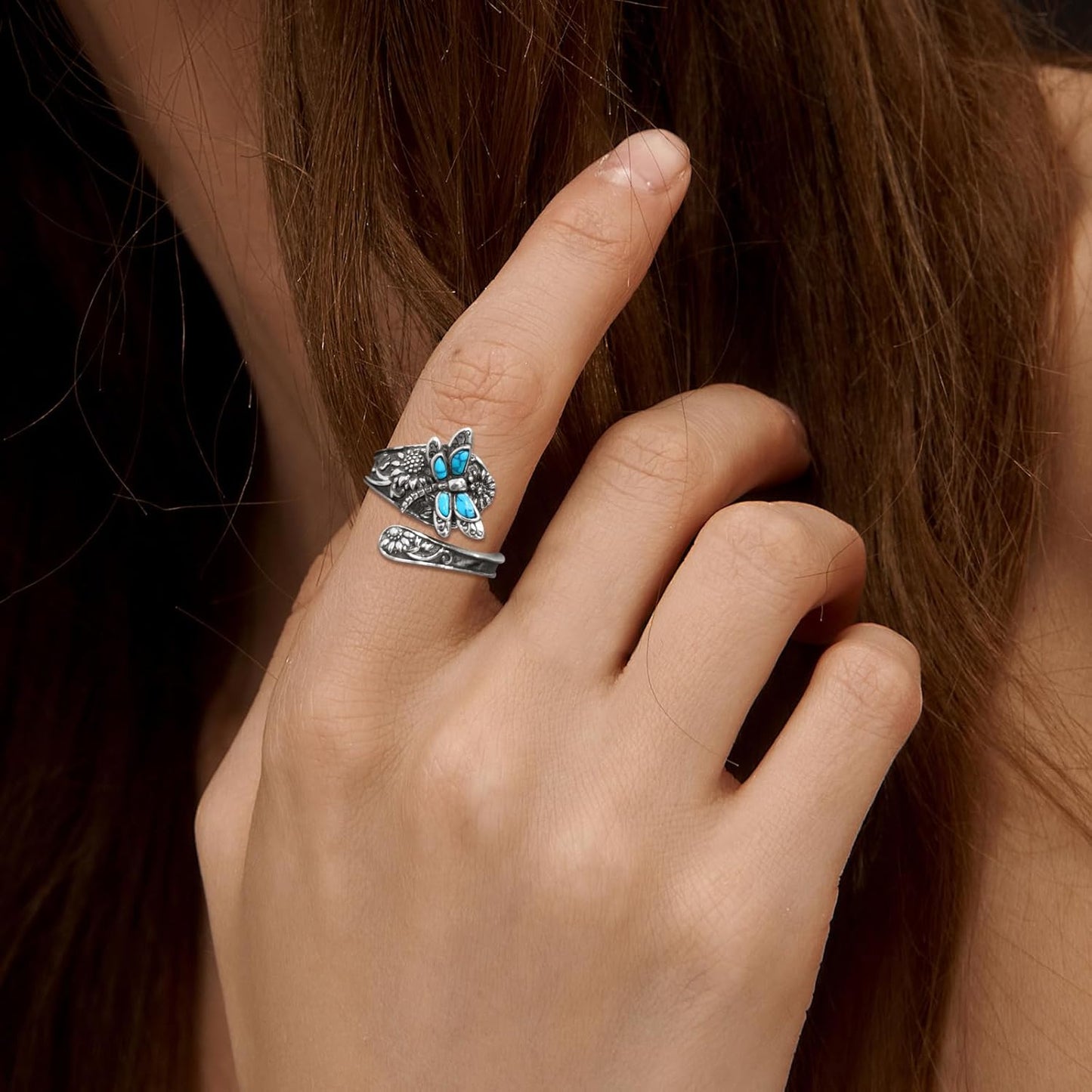 Vintage Turquoise Wrap Ring – Adjustable Sterling Silver Boho Jewelry with Dragonfly