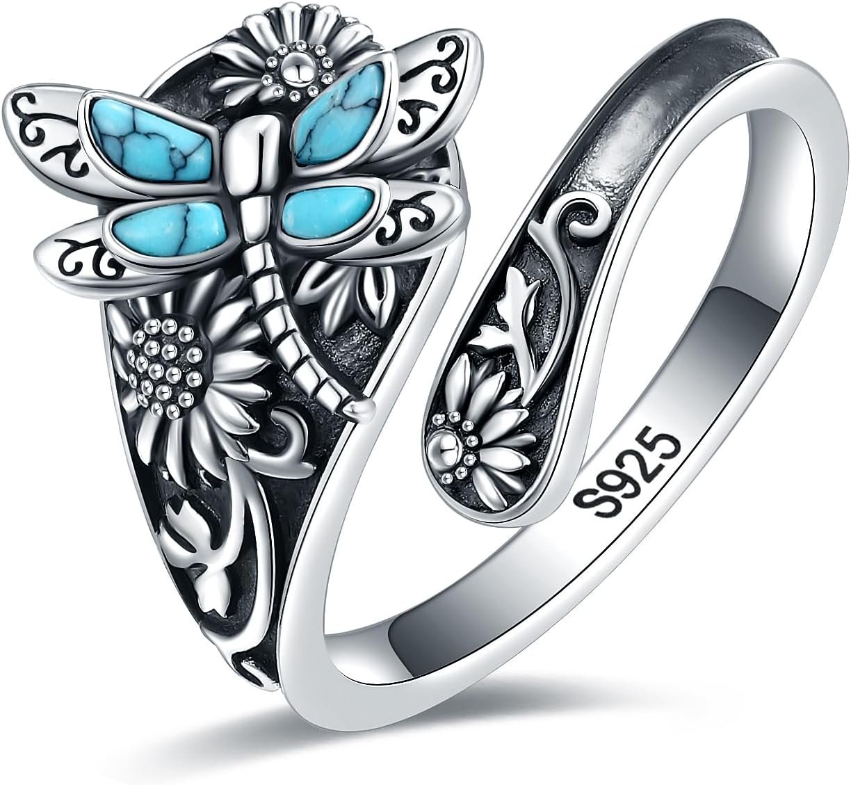 Vintage Turquoise Wrap Ring – Adjustable Sterling Silver Boho Jewelry with Dragonfly