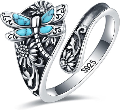 Vintage Turquoise Wrap Ring – Adjustable Sterling Silver Boho Jewelry with Dragonfly