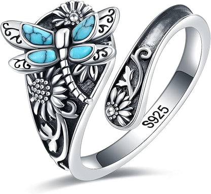 Vintage Turquoise Wrap Ring – Adjustable Sterling Silver Boho Jewelry with Dragonfly