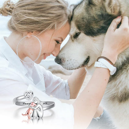 Adjustable 925 Sterling Silver Dog Ring – 'Always in My Heart' with Zirconia