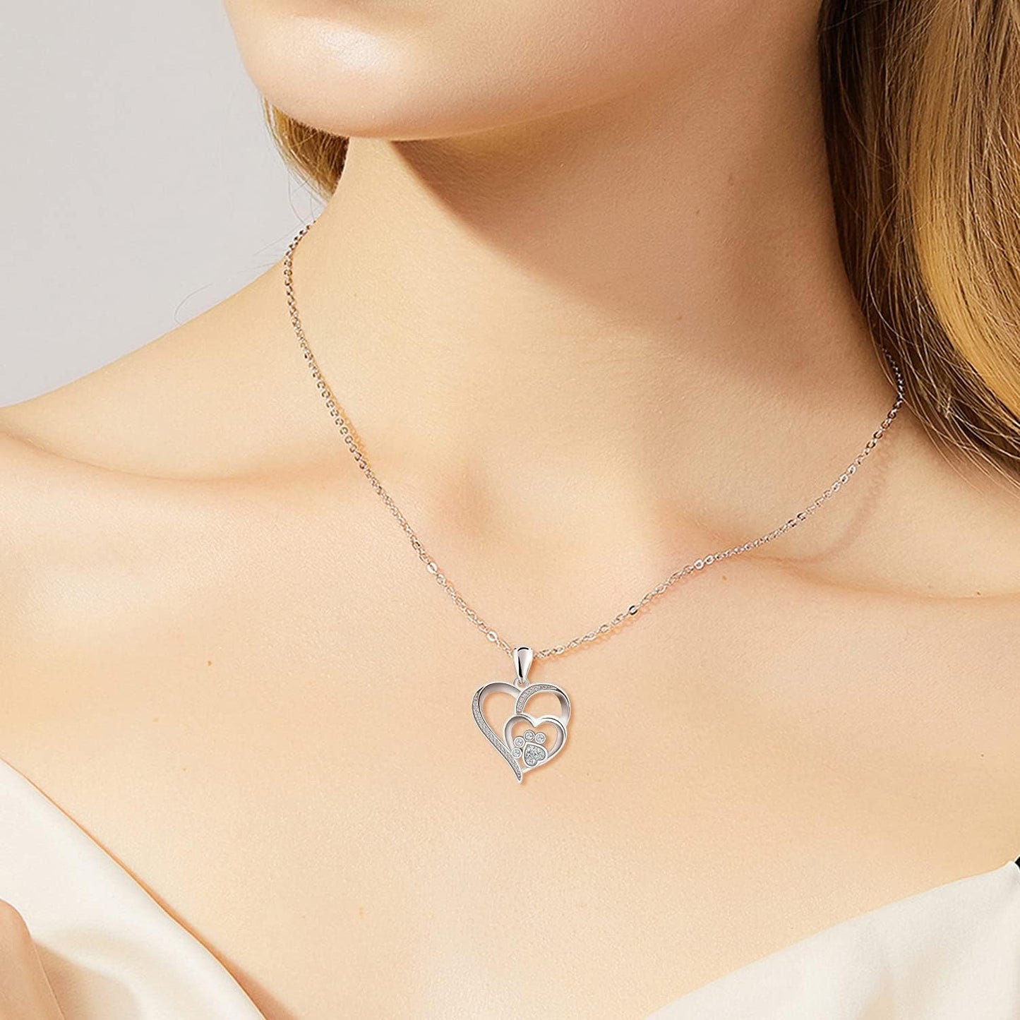 Sterling Silver Paw and Heart Necklace with Zirconia