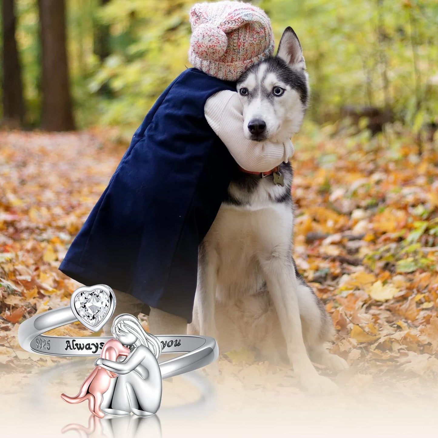 Adjustable 925 Sterling Silver Dog Ring – 'Always in My Heart' with Zirconia