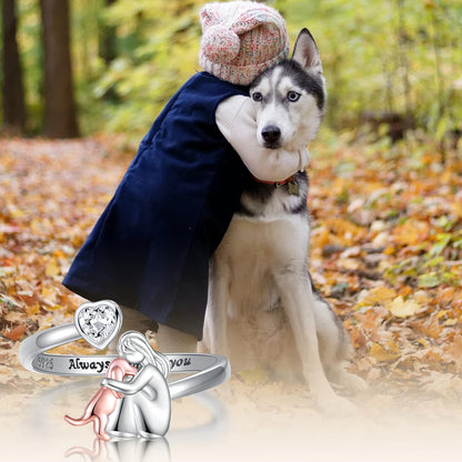 Adjustable 925 Sterling Silver Dog Ring – 'Always in My Heart' with Zirconia