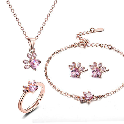 Rose Gold Paw Jewelry Box – 4-Piece with Zirconia Heart (Ring, Necklace, Earrings, Bracelet)