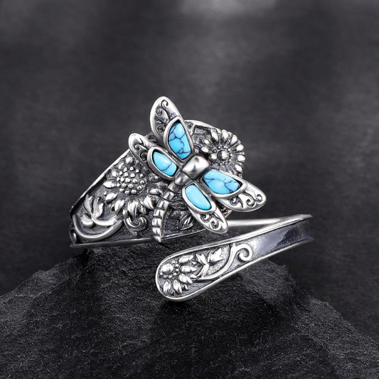 Vintage Turquoise Wrap Ring – Adjustable Sterling Silver Boho Jewelry with Dragonfly