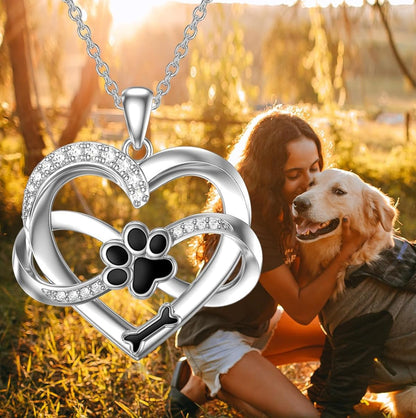 Infinity Heart and Paw 925 Sterling Silver Necklace with Zirconia