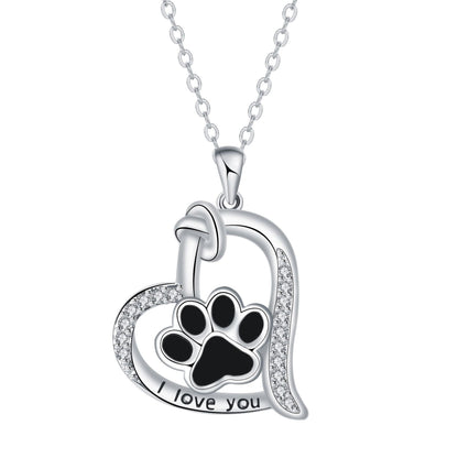 Dog Paw Print Heart Necklace with Zirconia