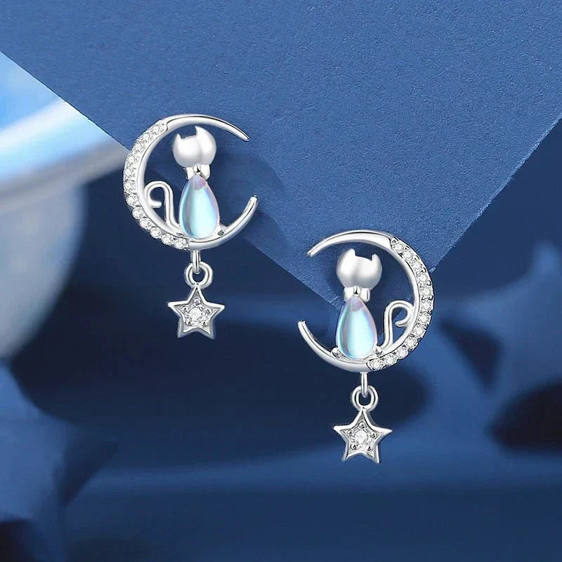 Cat Moon and Star 925 Sterling Silver Earrings with Zirconia