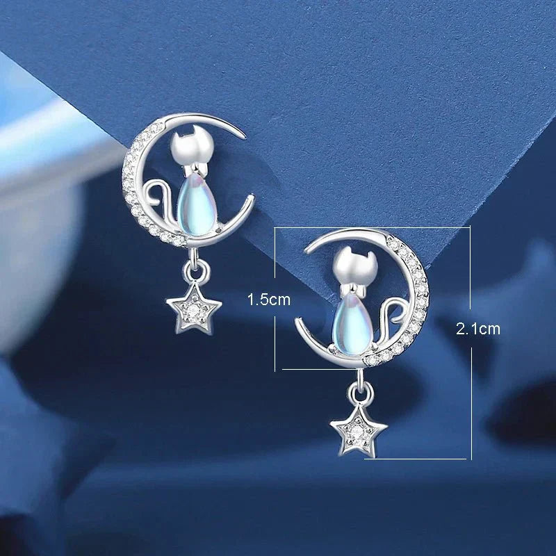Cat Moon and Star 925 Sterling Silver Earrings with Zirconia