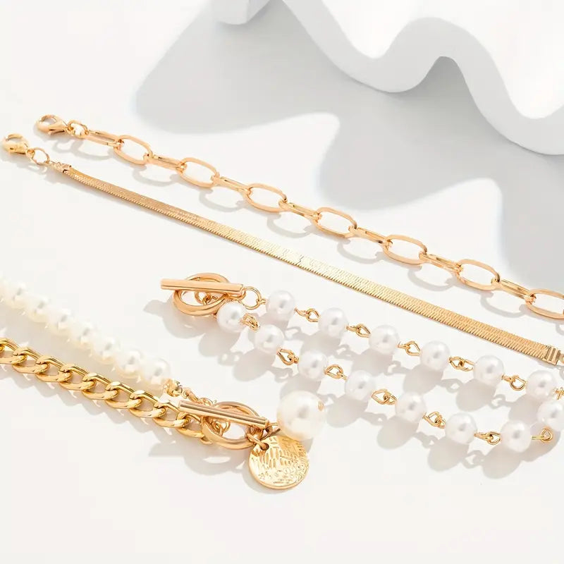 Chic Gold 4-piece Bracelet Set - Snake, Pearls and Links | Gold