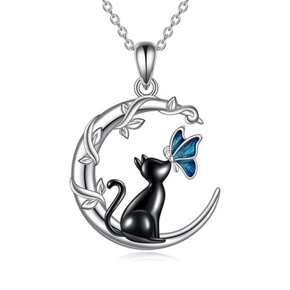 Cat Butterfly Moon Crystal Pendant Necklace