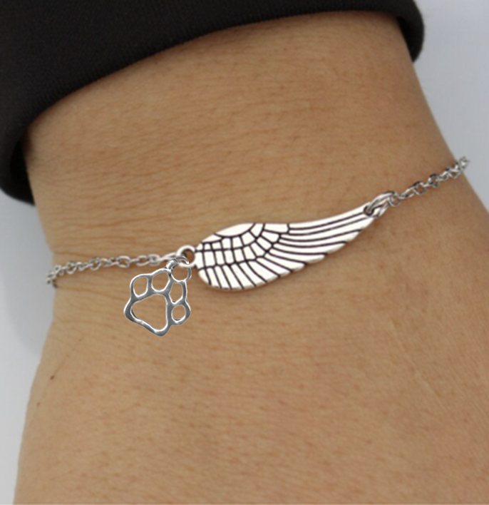 Memorial Sterling Silver Bracelet with Angel Wing and Paw Print | Handmade