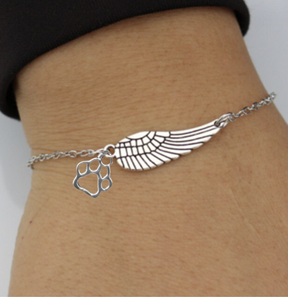 Memorial Sterling Silver Bracelet with Angel Wing and Paw Print | Handmade