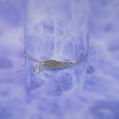 Memorial Sterling Silver Bracelet with Angel Wing and Paw Print | Handmade