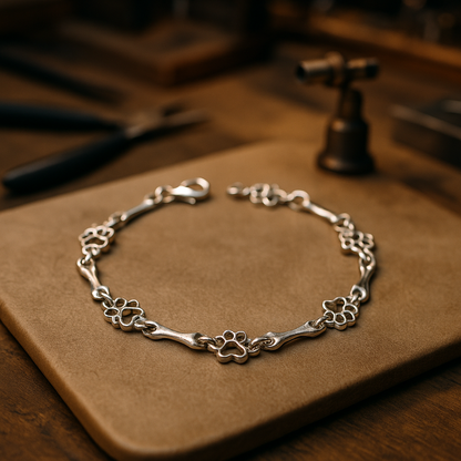 Limited Edition Pure Silver Dog Paw and Bone Charm Bracelet