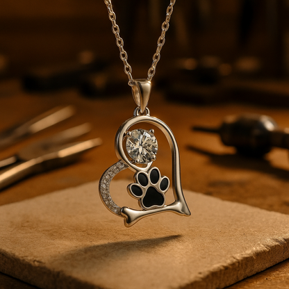 Handmade Dog Bone and Paw Print with Zirconia Necklace