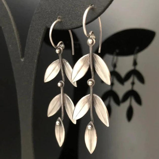 Boho Silver Leaf Drop Earrings