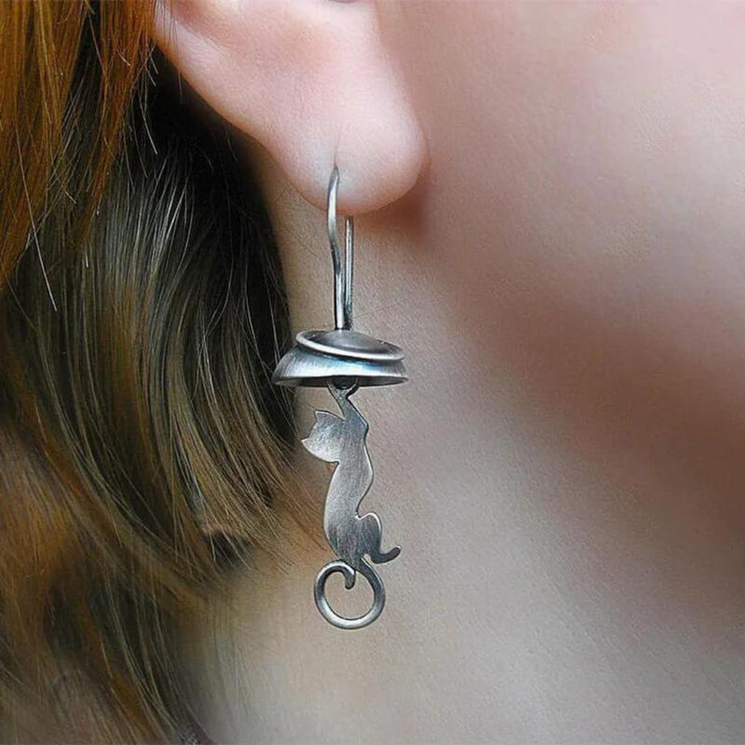Boho Sterling Silver Cat Drop Earrings