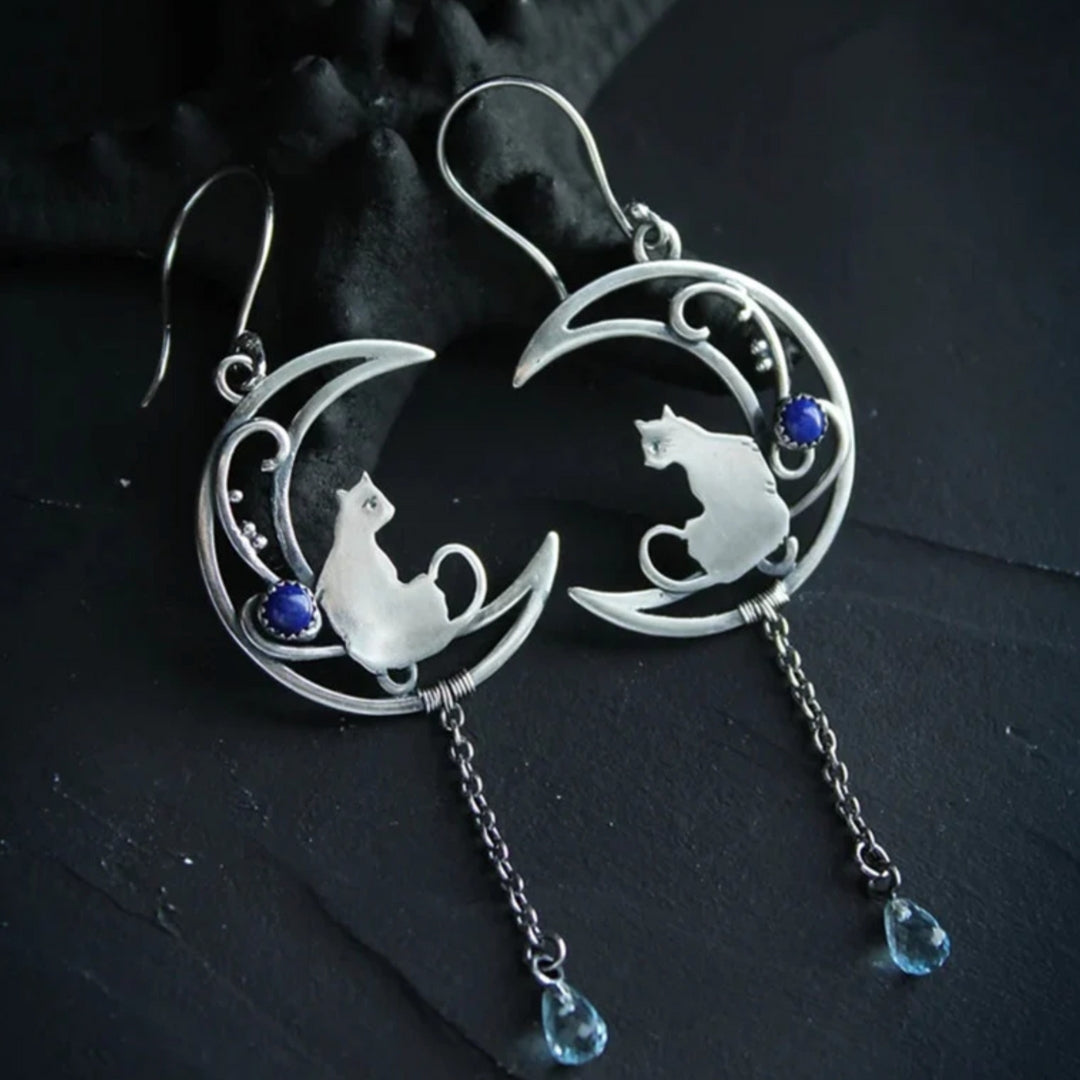 Boho Blue Zirconia Sterling Silver Cat Earrings