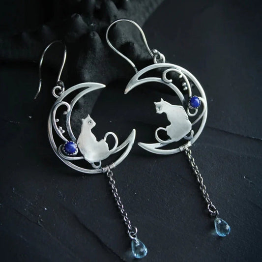 Boho Blue Zirconia Sterling Silver Cat Earrings
