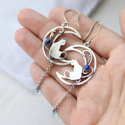 Boho Blue Zirconia Sterling Silver Cat Earrings