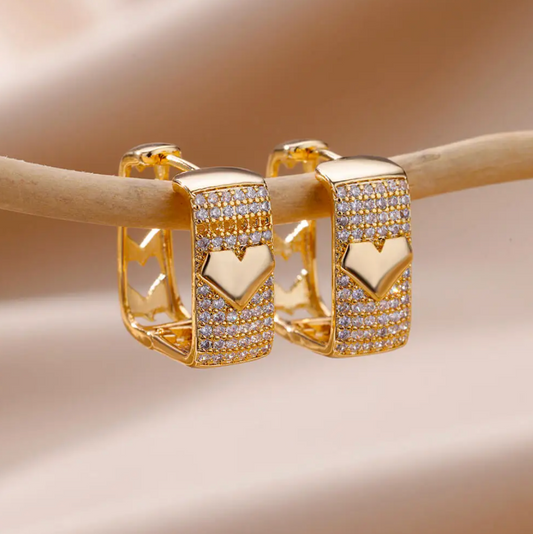 Thick 18-carat gold-plated hoop earrings with heart and zircons