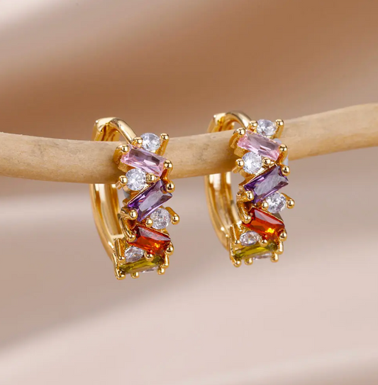 18-carat gold-plated multicolored hoop earrings with space crystals