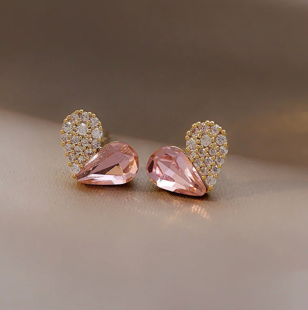 18-carat gold-plated heart-shaped button earrings - half pink crystal and half cubic zirconia