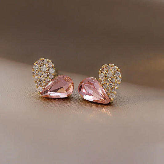 18-carat gold-plated heart-shaped button earrings - half pink crystal and half cubic zirconia