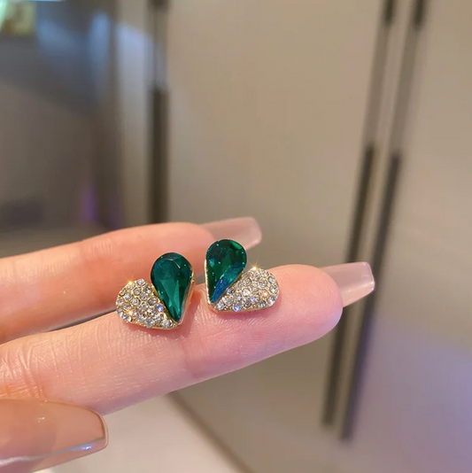 18-carat gold-plated heart-shaped button earrings - half green crystal and half cubic zirconia