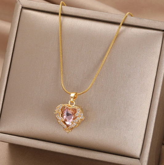 18-carat gold-plated necklace with pink heart and rhinestones