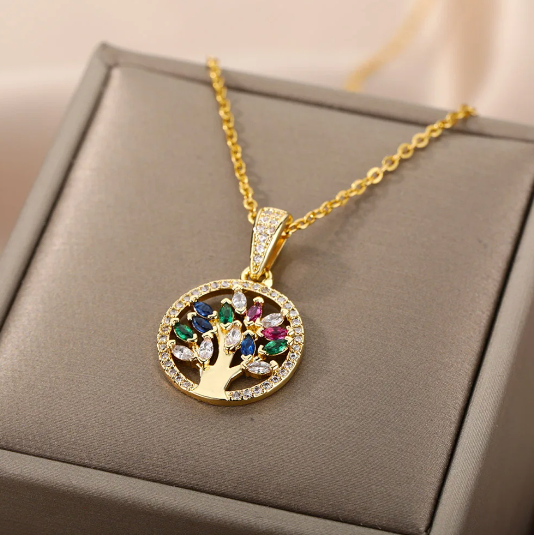 18-carat gold-plated Tree of Life necklace with colored zircons