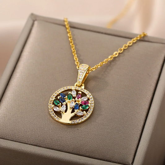 18-carat gold-plated Tree of Life necklace with colored zircons
