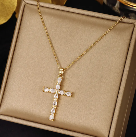 18-carat gold-plated white cross necklace with fine crystals