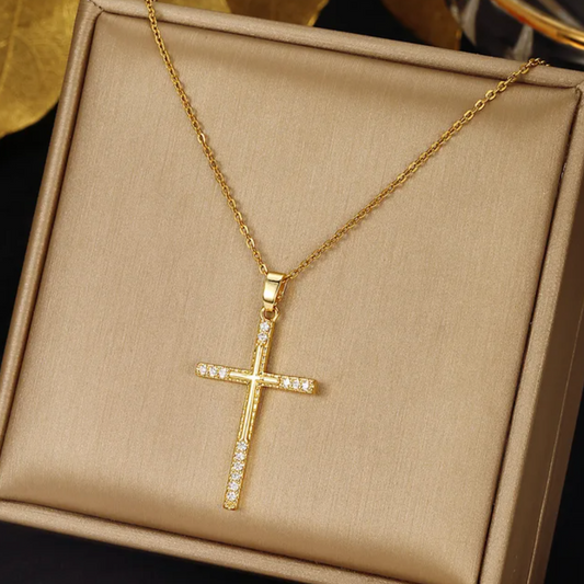 18-carat gold-plated long cross necklace with zirconia stones
