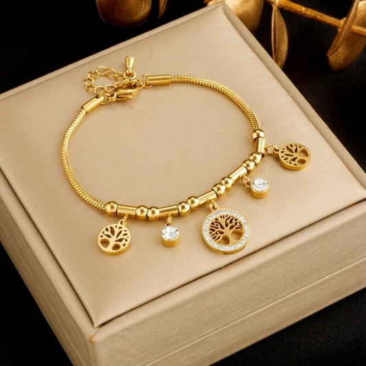 18-carat gold-plated bracelet with 3 trees of life and rhinestones