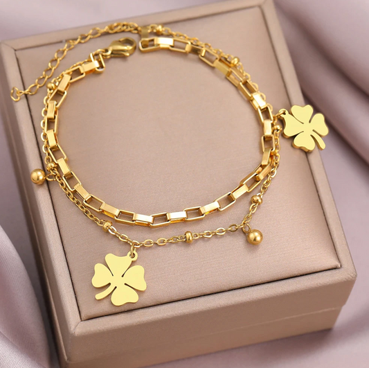 18-carat gold-plated double bracelet with lucky clovers