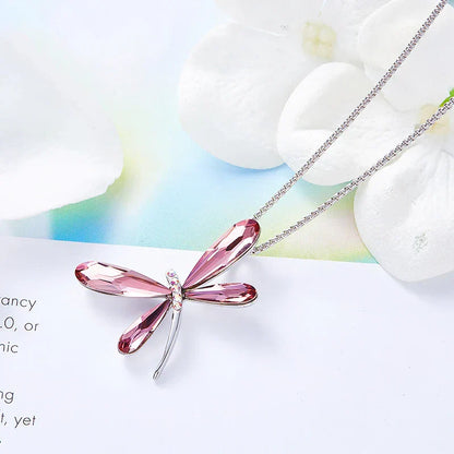 Rose Crystal Dragonfly Pendant Necklace