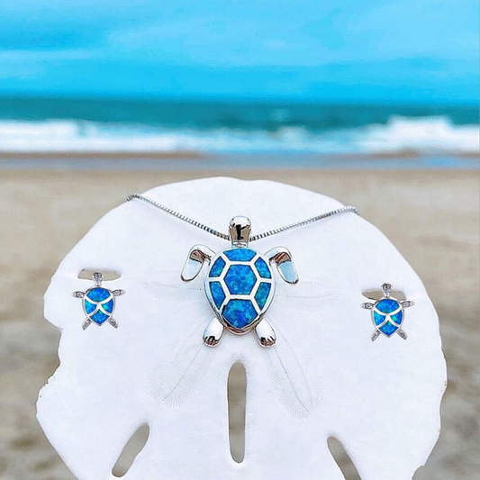 Sea turtle opal and silver necklace + earrings set