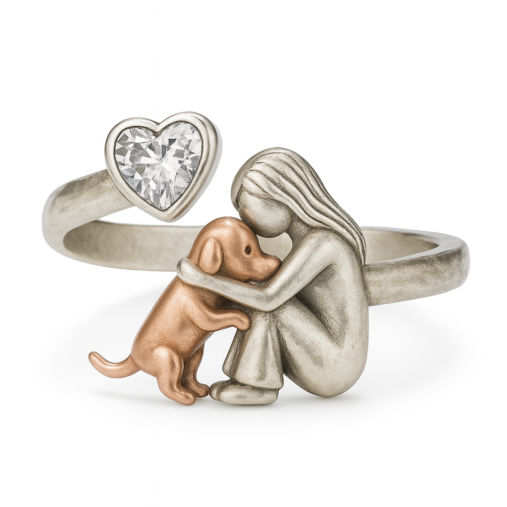 Handmade 925 Sterling Silver Dog Ring with Heart-Shaped Zirconia – Adjustable