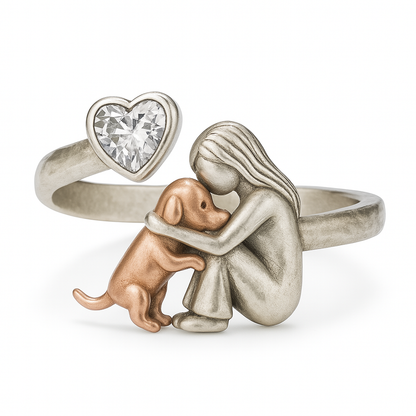 Handmade 925 Sterling Silver Dog Ring with Heart-Shaped Zirconia – Adjustable