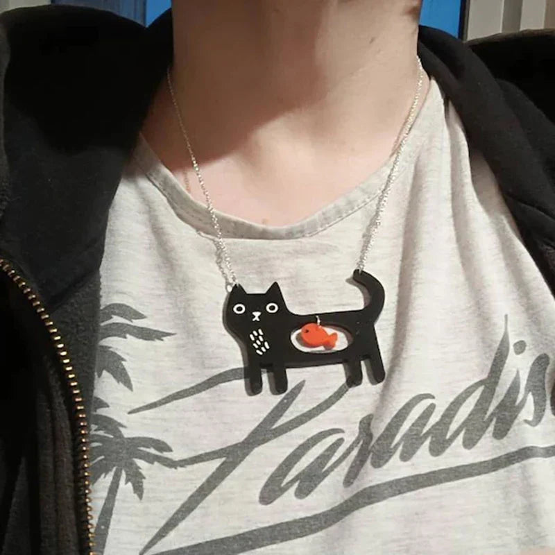 Whimsical Cat and Fish Acrylic Pendant Necklace
