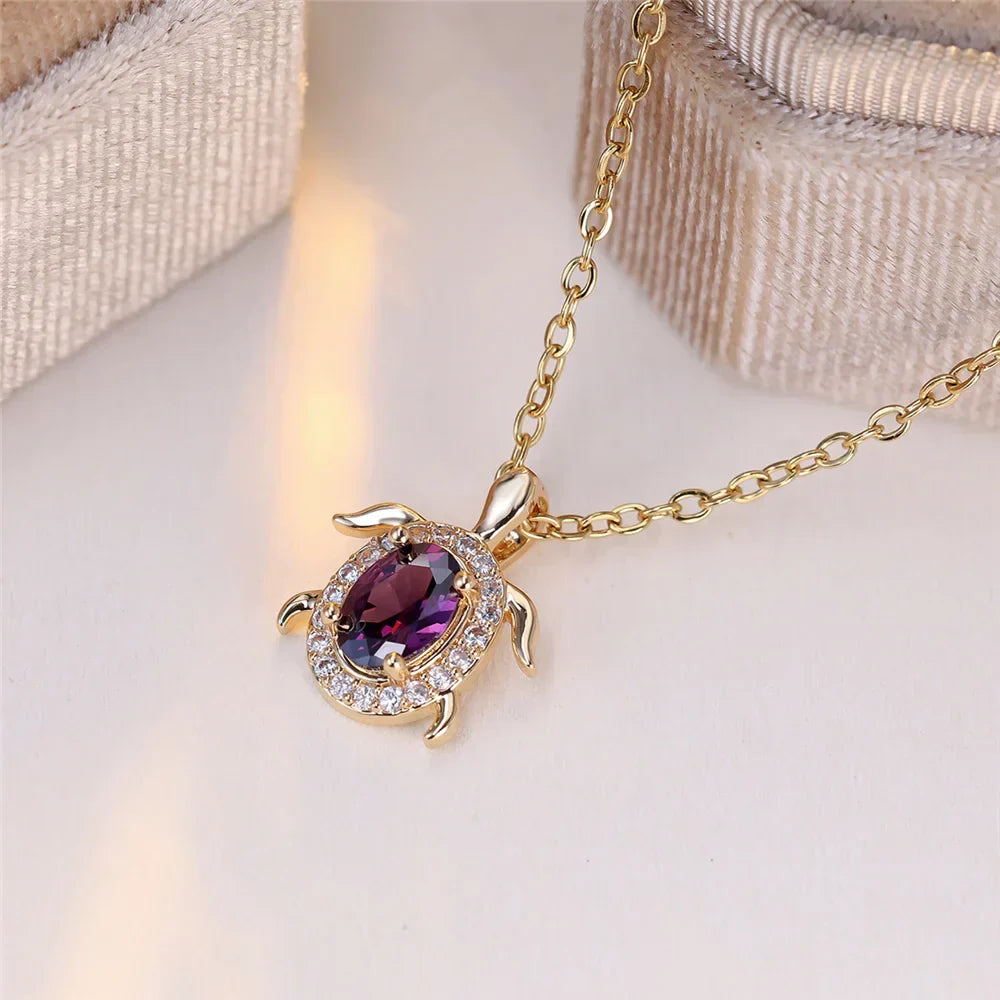 Violet Crystal Turtle Pendant Necklace